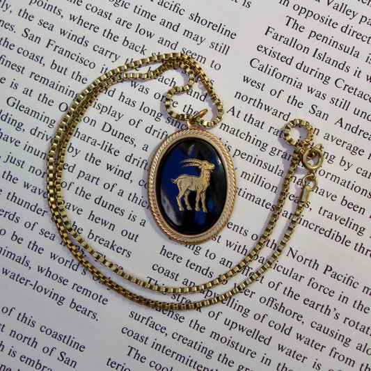 Vintage Zodiac Capricorn Oval Pendant Necklace - Vintage Capricorn Necklace
