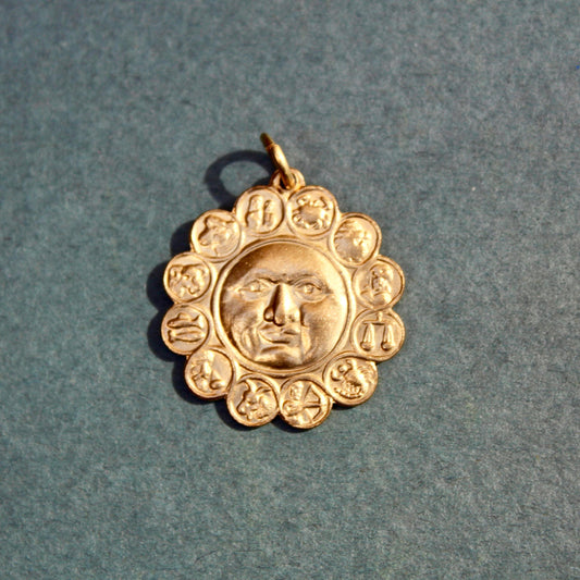 Zodiac Wheel Charm - Brass Zodiac Pendant - Vintage Stamping Brass Charm