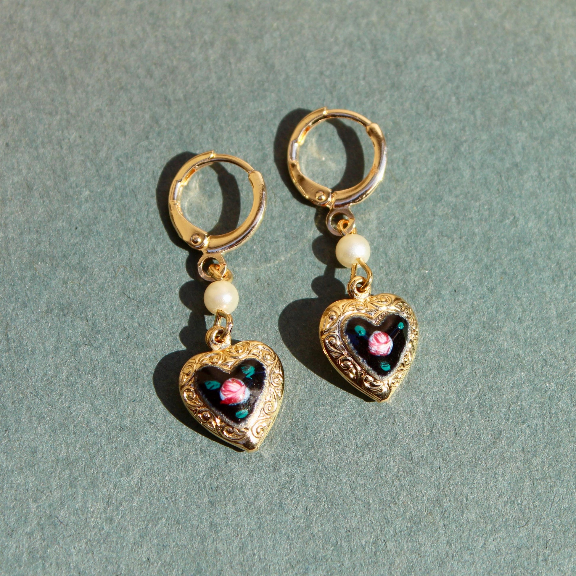 Vintage Guilloche Heart and Pearl Drop Earrings - Handmade Vintage Charm Earrings