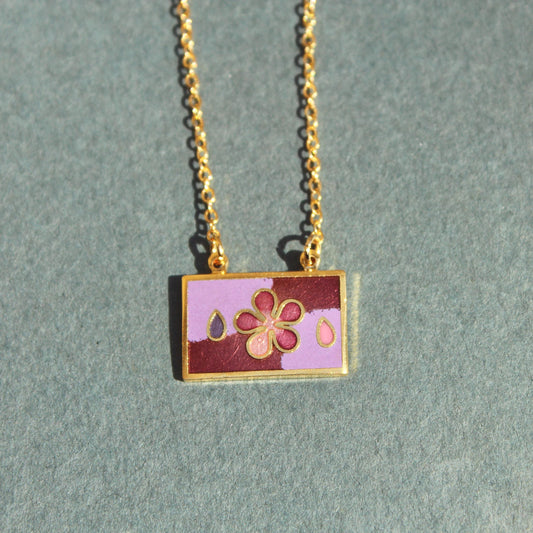 Vintage Enamel Floral Pendant Necklace - Vintage Flower Necklace - Vintage Inlaid Enamel Necklace