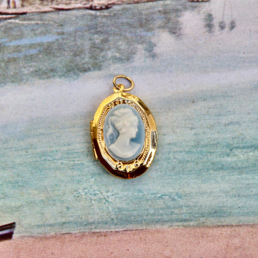 Vintage Blue Cameo Locket - Small Oval Cameo Locket Charm - Gold Plated Oval Locket with Blue Cameo