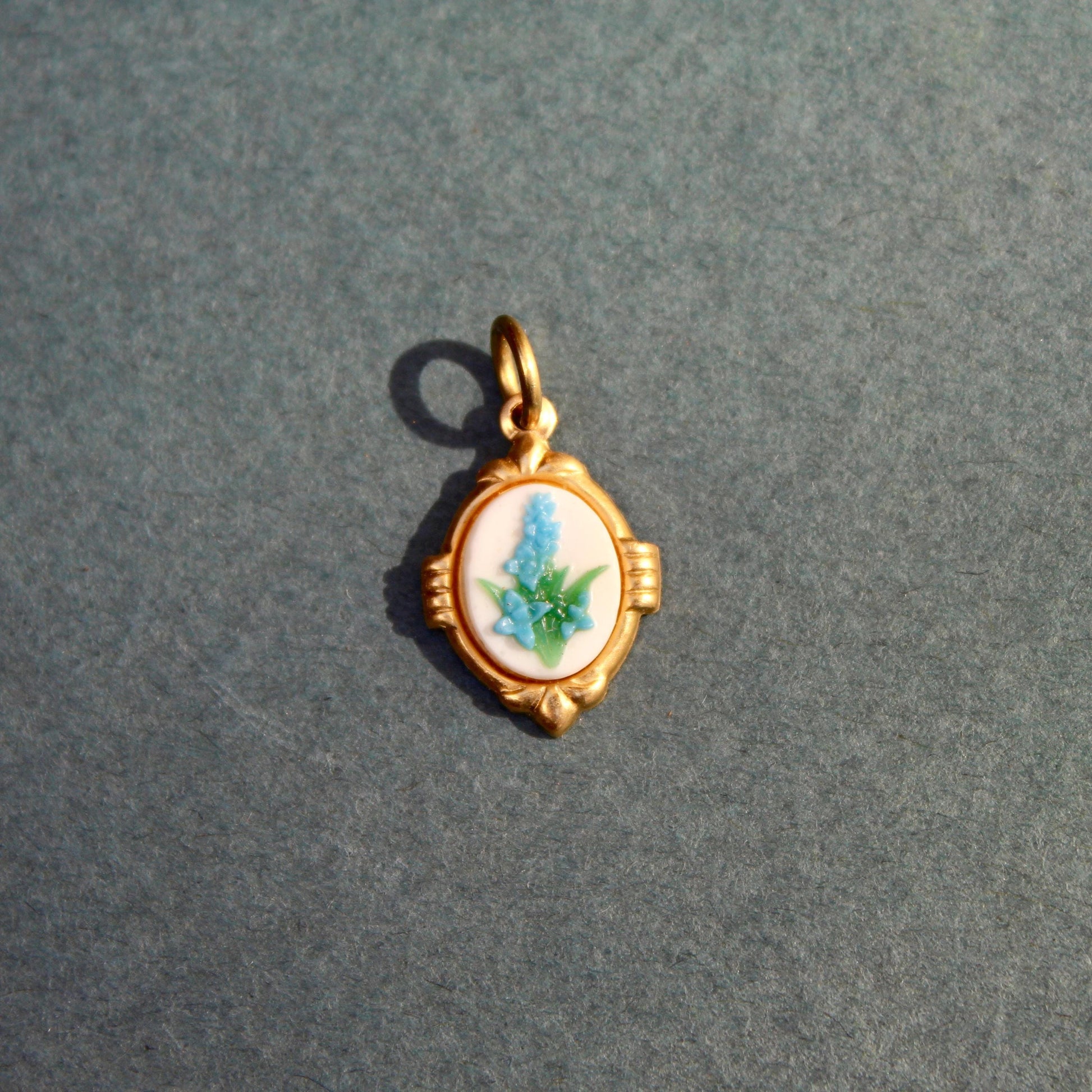 Vintage Blue Flower Brass Charm - Vintage Hand Painted Floral Charm - Vintage Bluebonnet Charm
