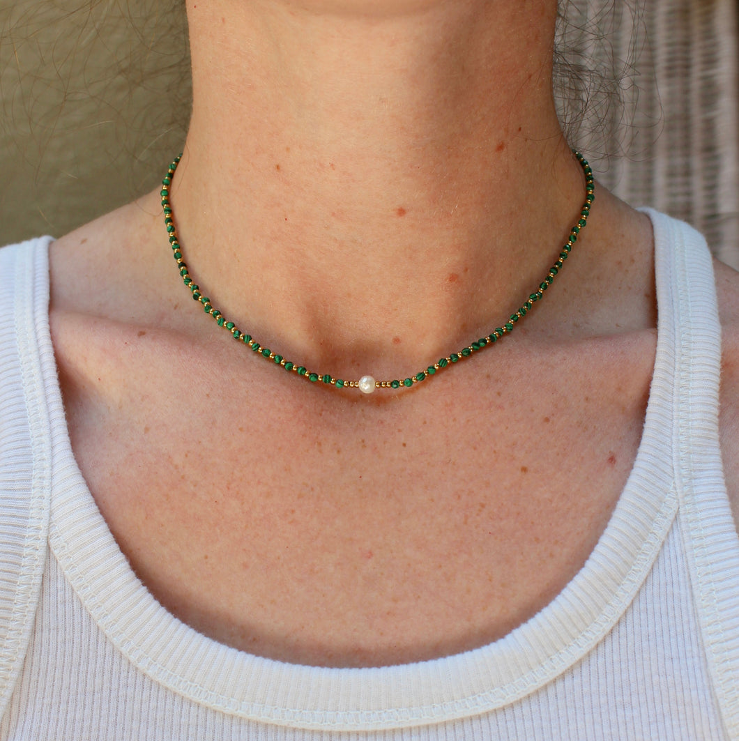 Beaded Malachite Necklace with Pearl