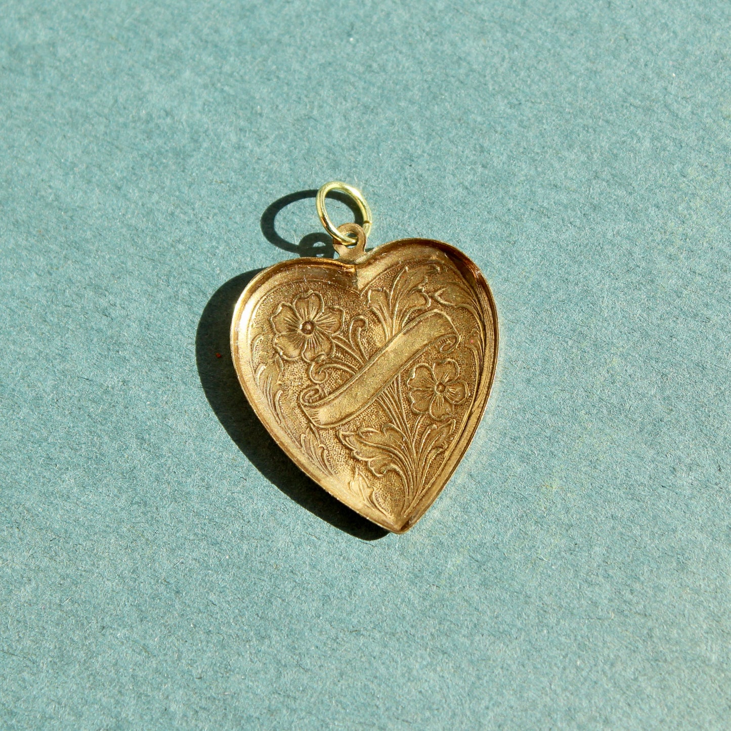 Vintage Brass Heart Charm with Purple Flowers