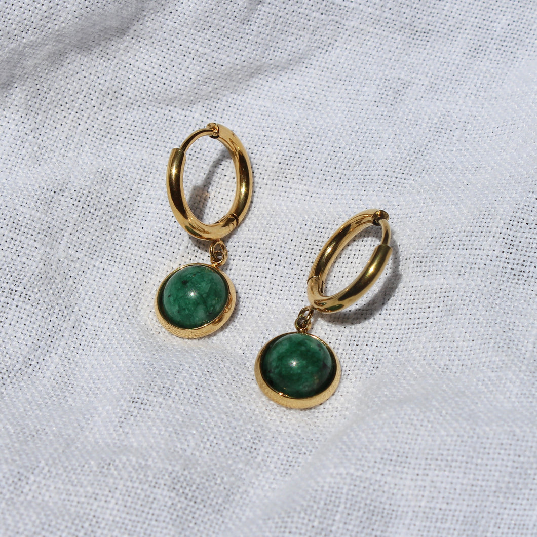 Natural Green Stone Gold Mini Hoop Earrings