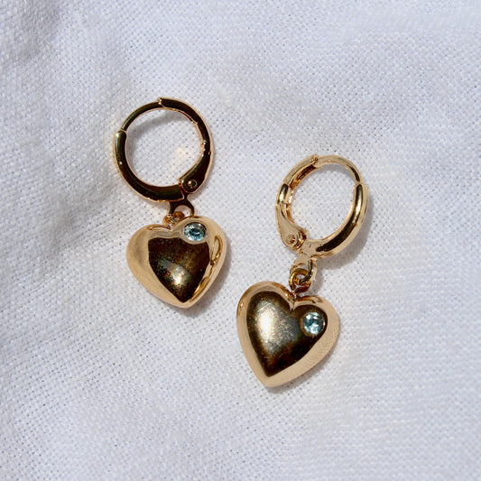 Vintage Gold and Blue Puffy Heart Hoops