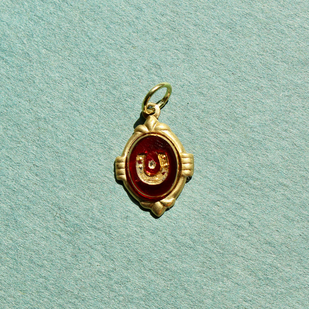 1970s Carved Glass Red Horseshoe Charm