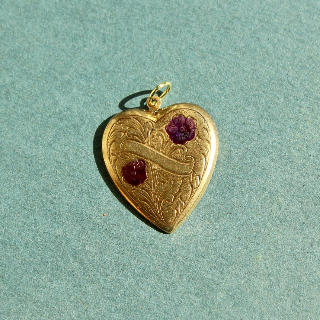 Vintage Brass Heart Charm with Purple Flowers
