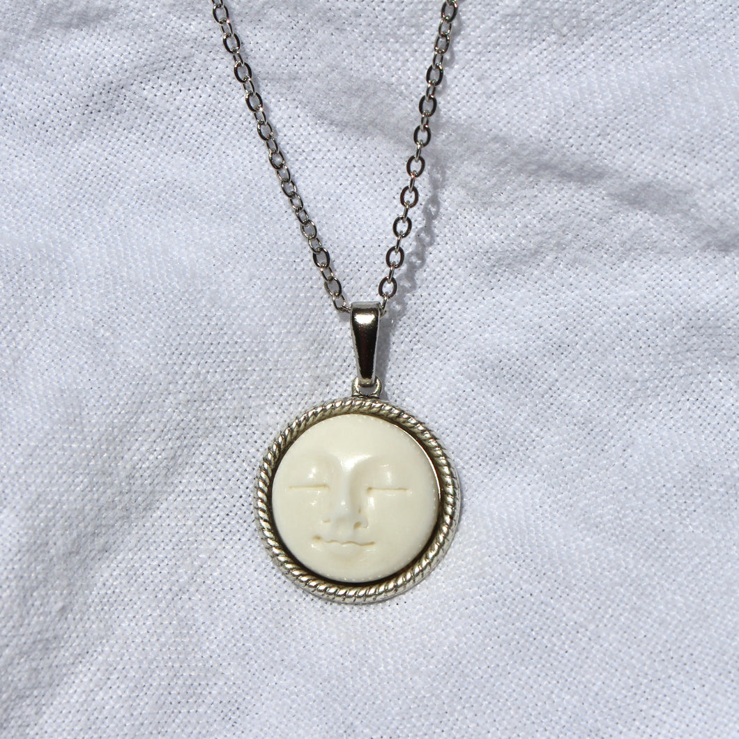 Carved Bone Moon Pendant Necklace