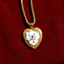 Load image into Gallery viewer, Vintage Enamel Heart Pendant Necklace - Handmade Vintage Heart Necklace with Enamel Hand Painted Rose Detailing - Raw Brass Box Chain
