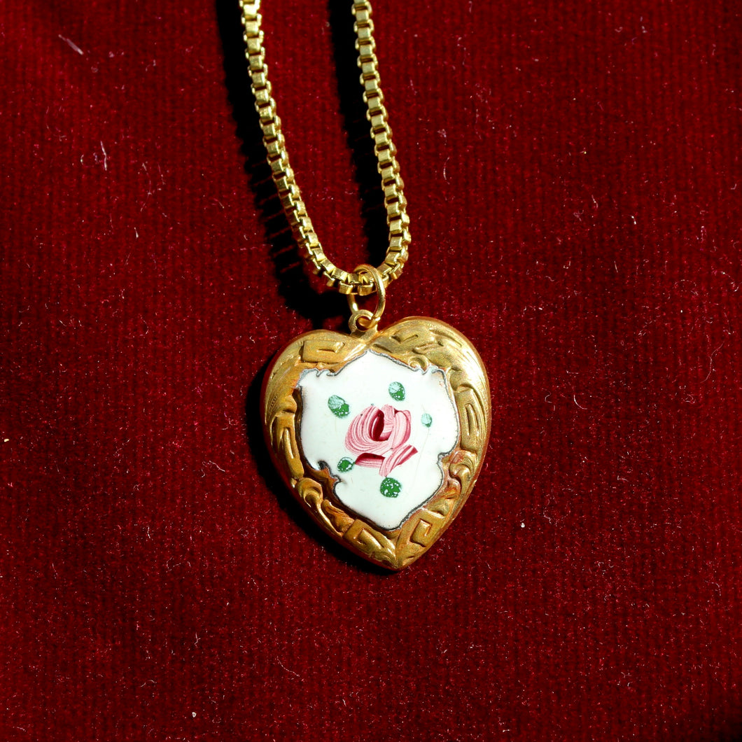 Vintage Enamel Heart Pendant Necklace - Handmade Vintage Heart Necklace with Enamel Hand Painted Rose Detailing - Raw Brass Box Chain