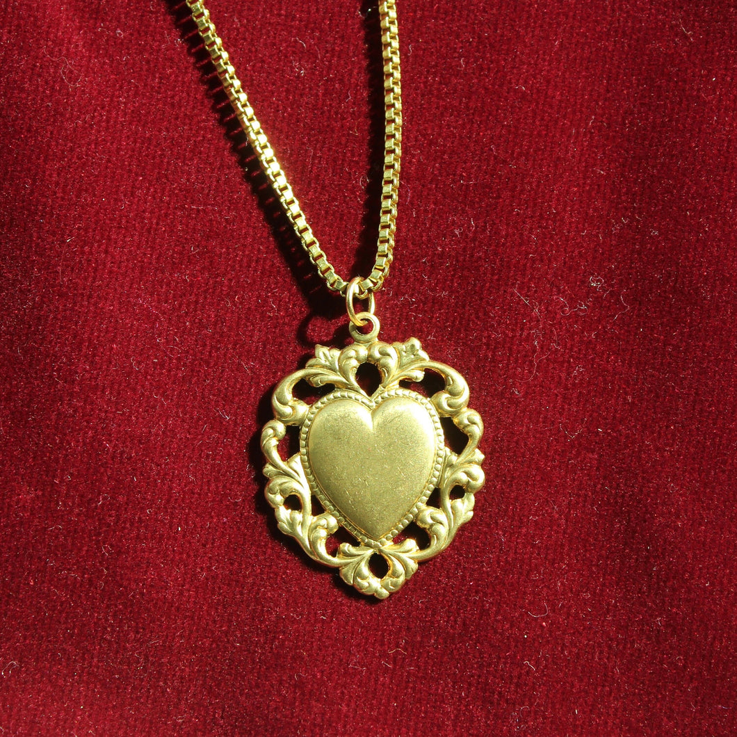 Vintage Brass Heart Pendant Necklace - Handmade Vintage Heart Necklace with Border Detailing on a Raw Brass Box Chain