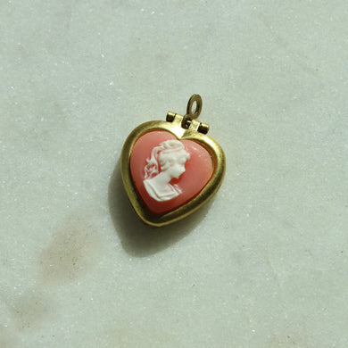 Vintage Small Pink Cameo Heart Locket - Mini Vintage Brass Heart Locket Charm - Brass Locket