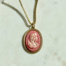 Load image into Gallery viewer, Vintage 60s Pink Cameo Pendant Necklace - Vintage Cameo Necklace - Brass Box Chain and Cameo Necklace
