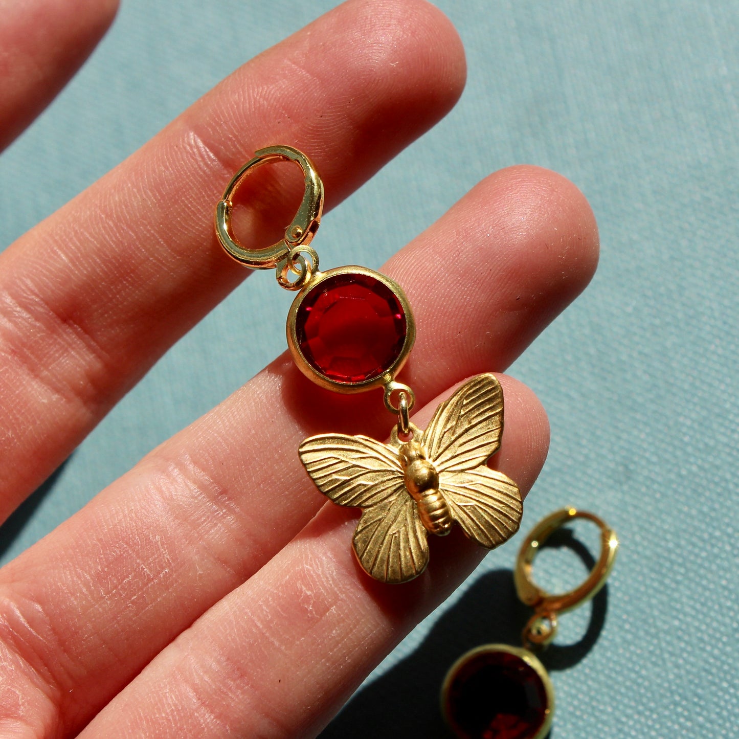 Vintage Butterfly and Red Gem Charm Drop Earrings - Handmade Vintage Charm Earrings