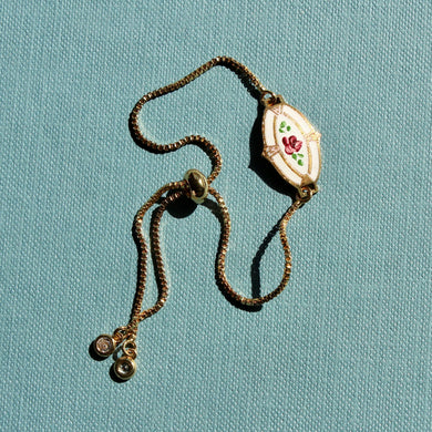 Vintage Enamel Bracelet - Vintage Floral Enamel Gold Bracelet with Adjustable Chain