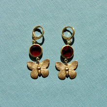 Load image into Gallery viewer, Vintage Butterfly and Red Gem Charm Drop Earrings - Handmade Vintage Charm Earrings
