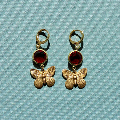 Vintage Butterfly and Red Gem Charm Drop Earrings - Handmade Vintage Charm Earrings