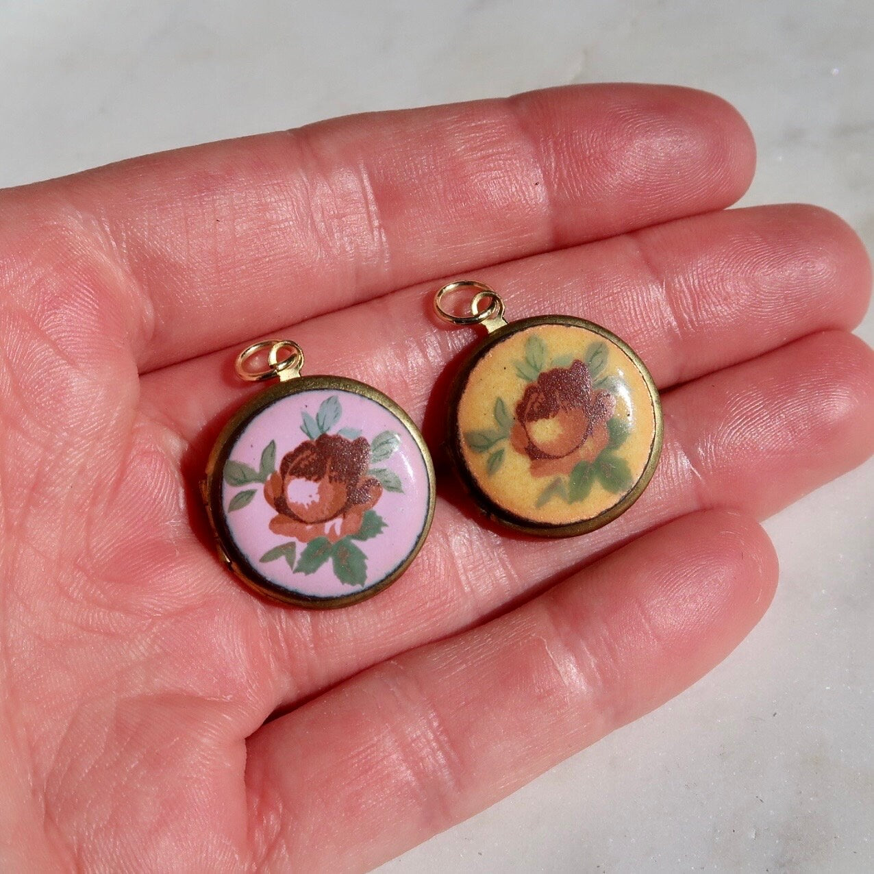 Vintage Brass Locket with Floral Enamel Detail - Vintage Enamel Locket Charm - Vintage Locket Charm