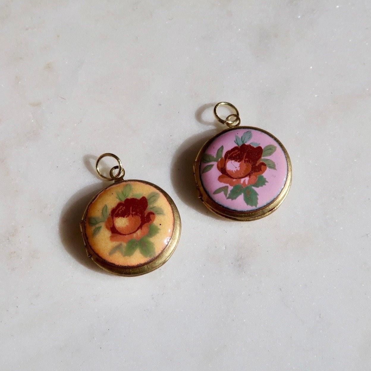 Vintage Brass Locket with Floral Enamel Detail - Vintage Enamel Locket Charm - Vintage Locket Charm