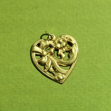 Vintage Brass Heart Charm with Bow and Flower Detailing - 1970s Brass Heart Charm