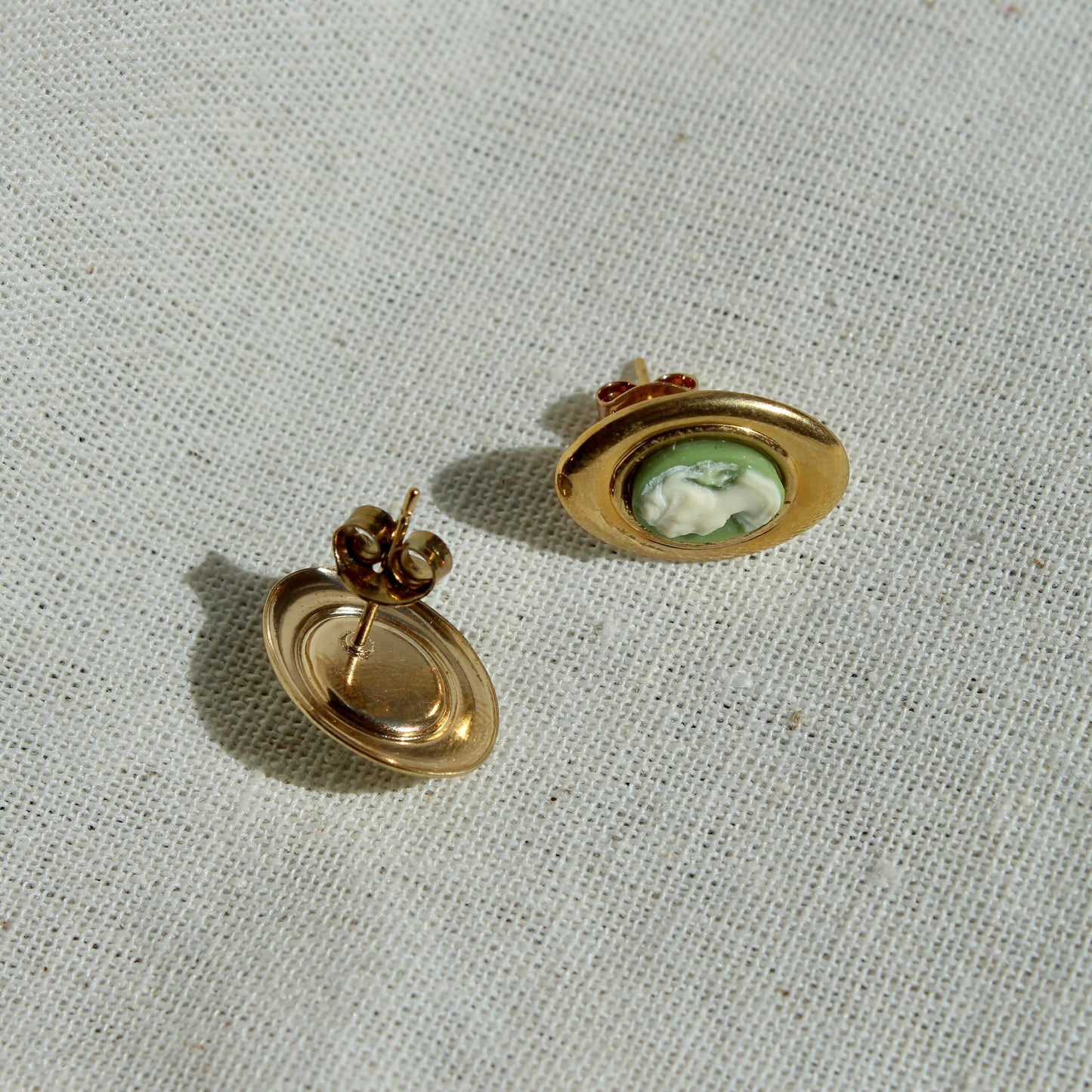 Vintage Cameo Stud Earrings - Handmade Gold Plated Vintage Green Cameo Earrings