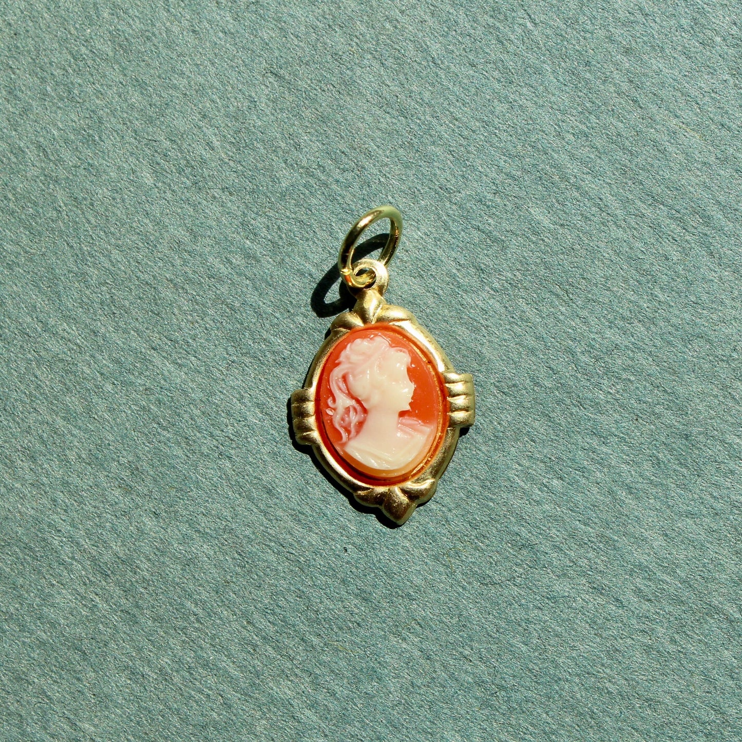 Vintage Orange Cameo Charm - Vintage Brass Cameo Charm with Jumpring