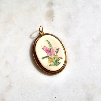 Vintage Painted Bone Butterfly Charm - 1960s Vintage Hand Painted Charm - Vintage Butterfly Charm