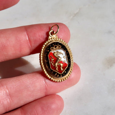 Vintage Intaglio Charm with Shield and Dragon - 1950s German Intaglio Glass Charm - Vintage Brass Charm with Jumpring