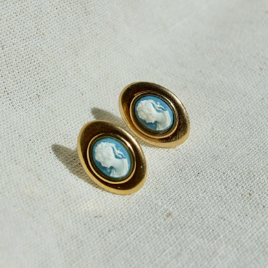 Vintage Cameo Stud Earrings - Handmade Gold Plated Vintage Blue Cameo Earrings