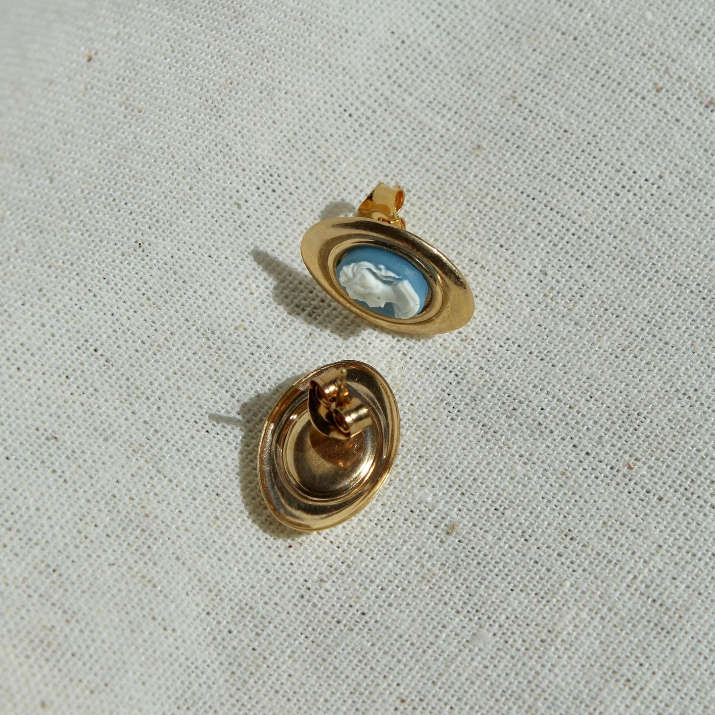 Vintage Cameo Stud Earrings - Handmade Gold Plated Vintage Blue Cameo Earrings