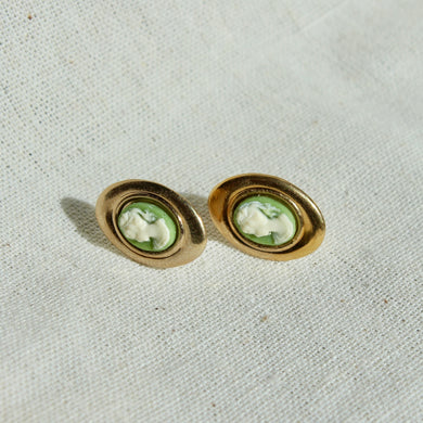 Vintage Cameo Stud Earrings - Handmade Gold Plated Vintage Green Cameo Earrings