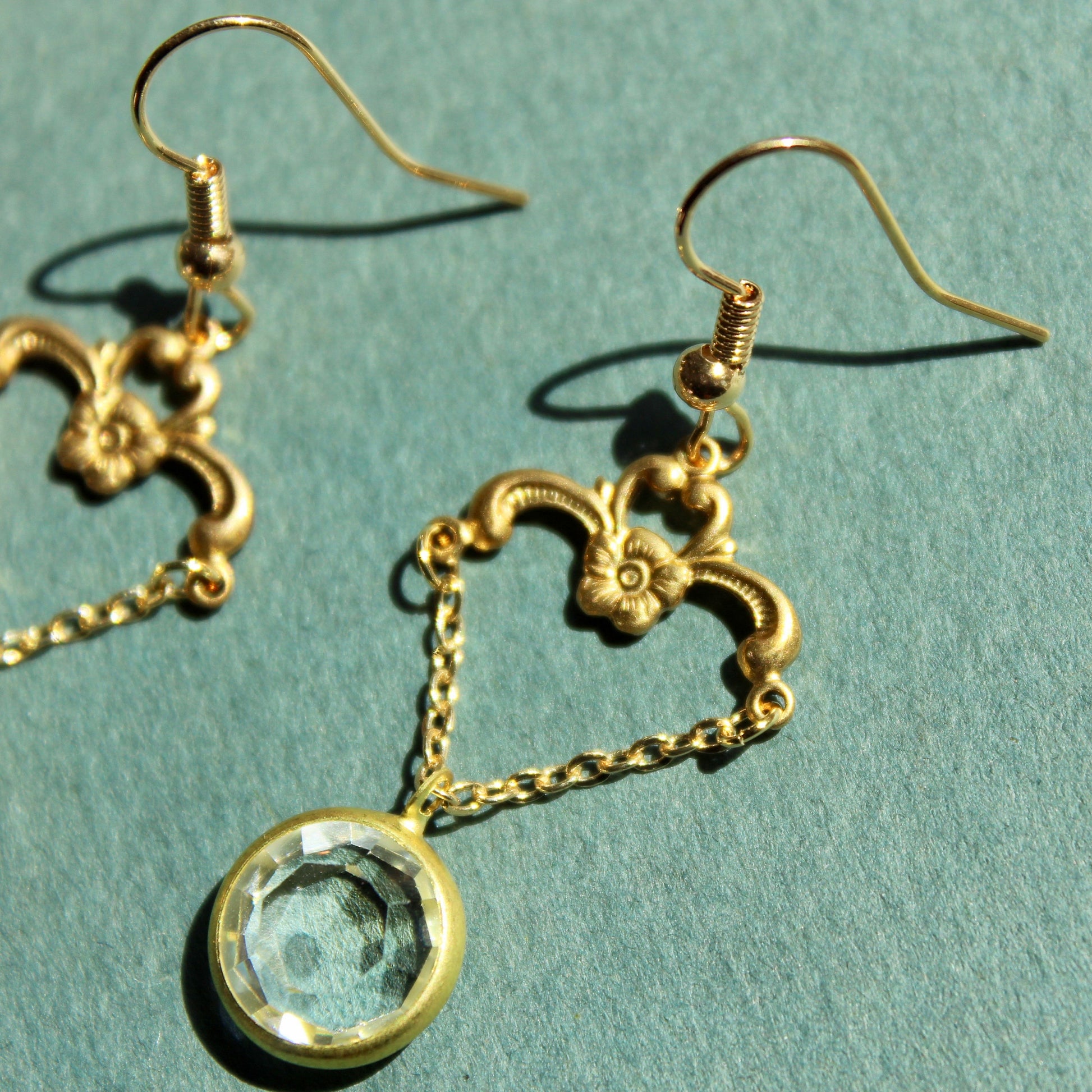 Vintage Dangle Charm Earrings - Dangle Earrings Chain and Clear Crystal Drop - Vintage Brass Dangle Earrings