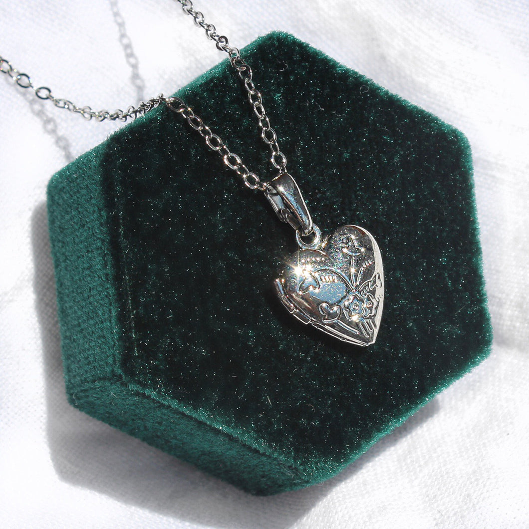 Silver Floral Heart Locket Pendant Necklace