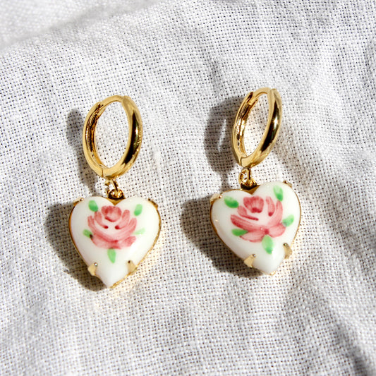 Vintage Rose Heart Earrings