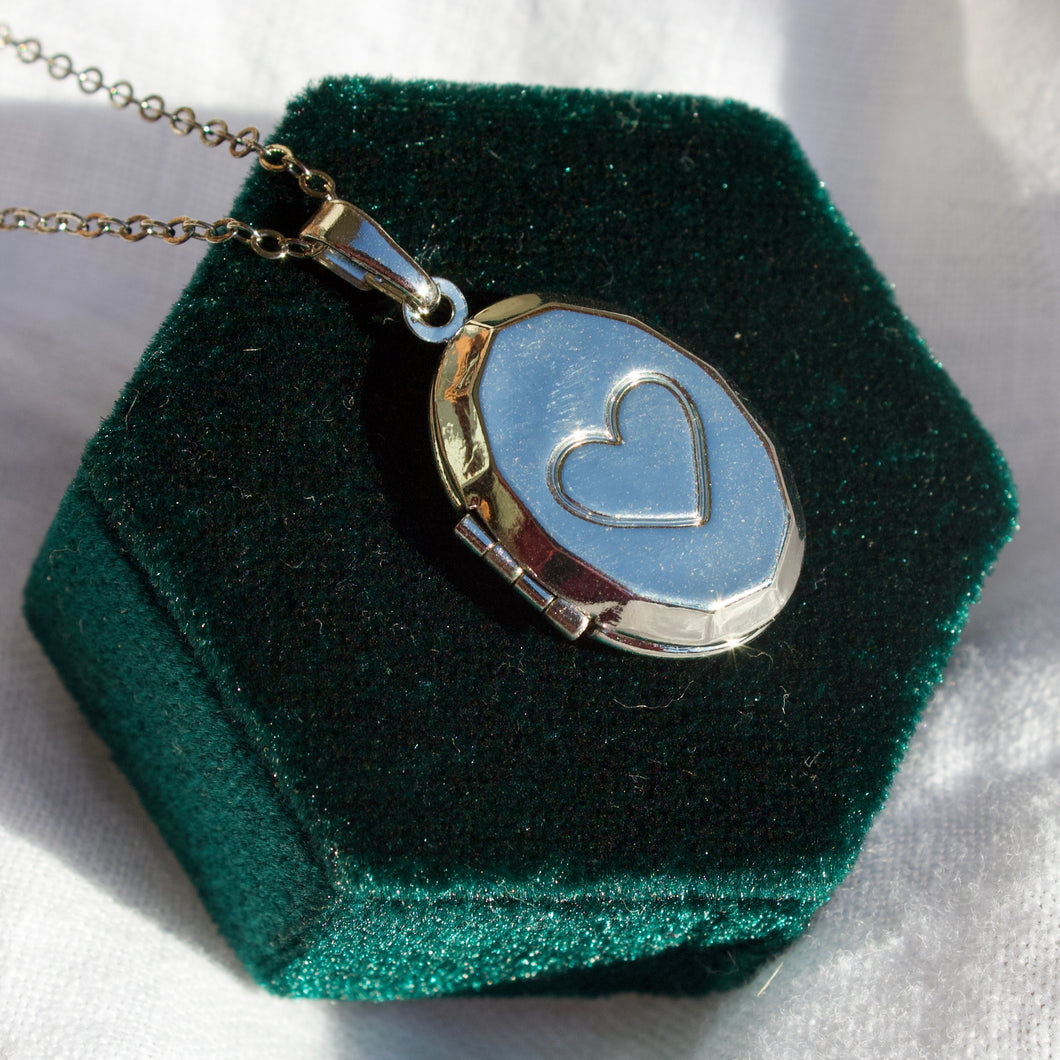 Silver Oval Heart Locket Pendant Necklace