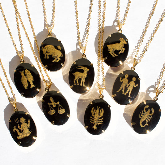 Vintage Zodiac Black Oval Pendant Necklace