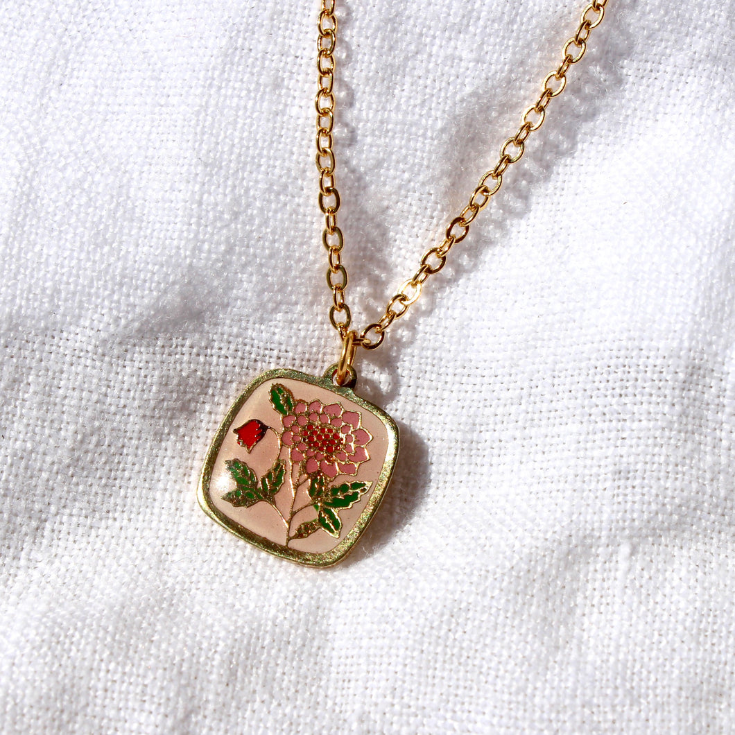 Vintage Enamel Floral Pendant Necklace