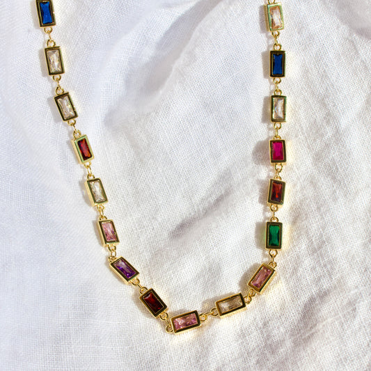 Colorful Crystal Baguette Gold Filled Necklace