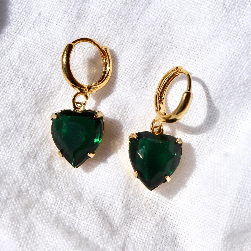 Vintage Emerald Heart Hoops