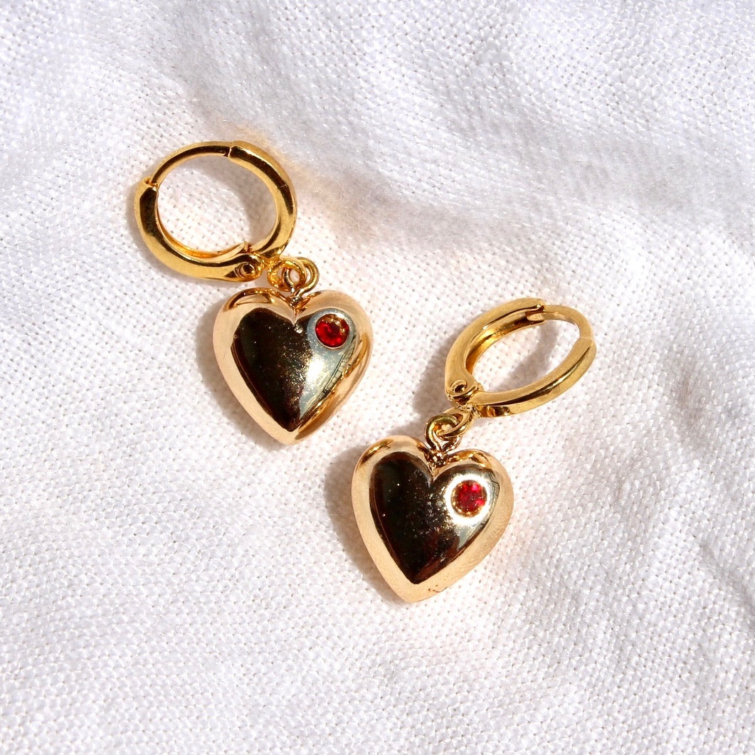 Vintage Gold and Ruby Puffy Heart Hoops