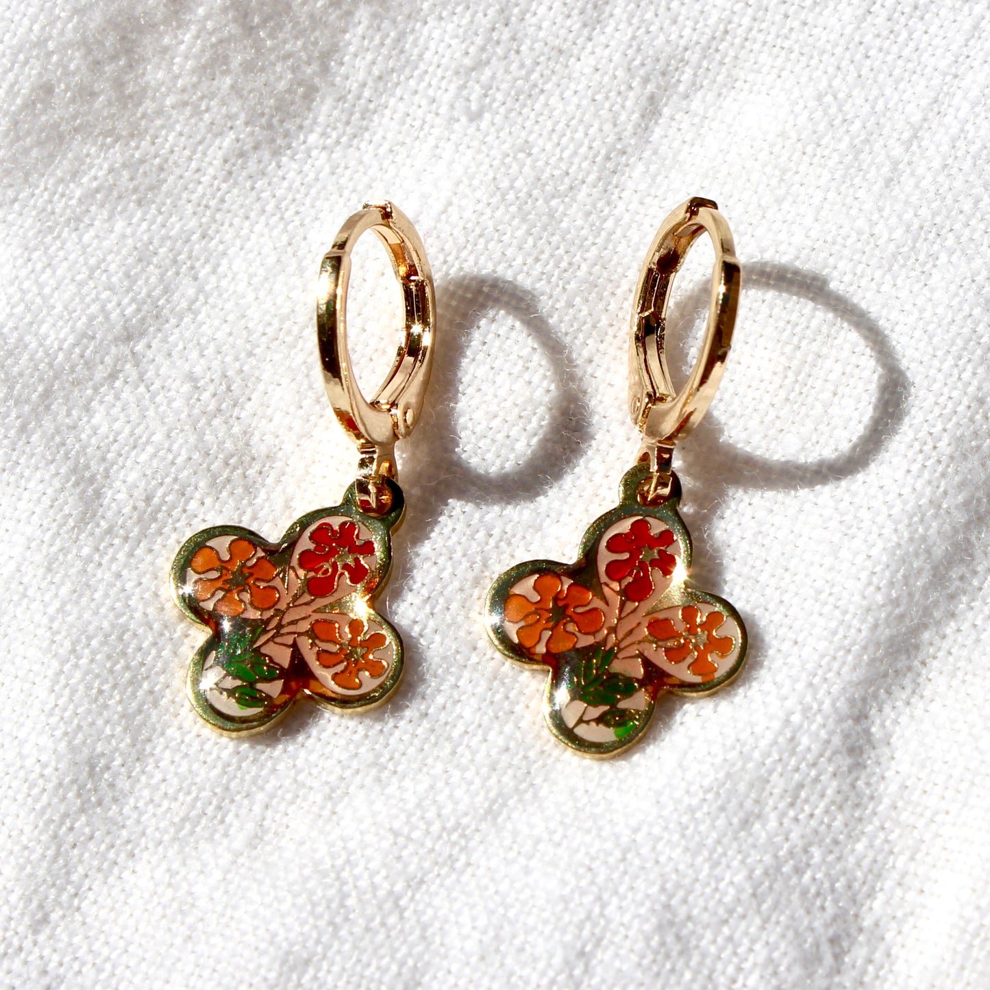 Vintage Floral Enamel Clover Hoops